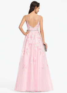 Ball-Gown/Princess Tulle Vicky V-neck With Prom Dresses Floor-Length Beading Sequins