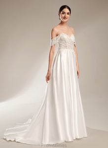 Ball-Gown/Princess Satin Dress Sweetheart Sequins Train Chapel Wedding Dresses Brooklyn Lace With Wedding