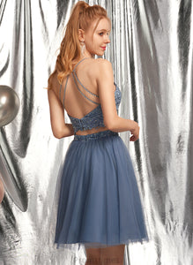 Scoop Tulle Beading Victoria Short/Mini With Prom Dresses Neck Sequins A-Line