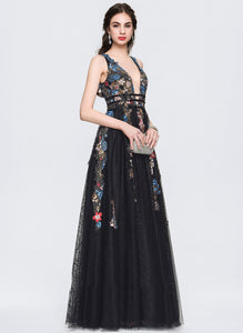 Beading With Floor-Length Sequins Shyla A-Line Tulle Lace V-neck Prom Dresses