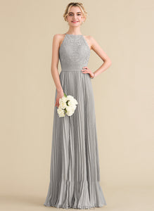 Neck Floor-Length Rhoda Scoop Prom Dresses A-Line With Chiffon Lace Pleated