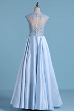 Load image into Gallery viewer, 2024 A Line Scoop Satin With Applique And Beads Prom Dresses