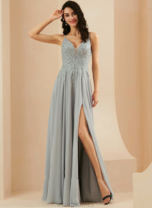 Marely Prom Dresses Lace Split With V-neck Sequins Front Chiffon A-Line Floor-Length