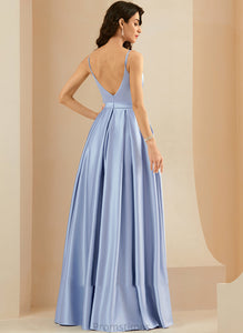 Pockets Ball-Gown/Princess Prom Dresses Satin Ruffle Deborah V-neck Floor-Length With