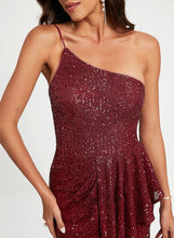 Load image into Gallery viewer, With Sequins Floor-Length Cali Ruffle One-Shoulder Sequined Sheath/Column Prom Dresses