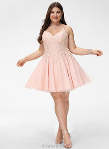 Adeline Beading With A-Line Sequins Tulle Short/Mini Prom Dresses V-neck