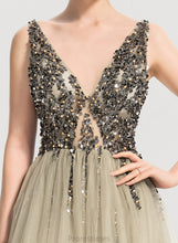 Load image into Gallery viewer, Front V-neck Prom Dresses Sequins Floor-Length Karlie A-Line Split Tulle Beading With