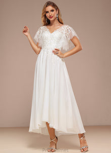 Dress Lace Ruffle A-Line Tulle Wedding Dresses Chasity With V-neck Wedding Asymmetrical