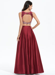 Sequins Satin Prom Dresses Scoop Neck Floor-Length A-Line Beading Alisa With