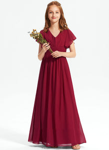 A-Line Junior Bridesmaid Dresses Chiffon V-neck Floor-Length With Kali Ruffle