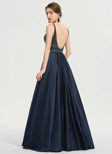 Beading Harmony Ball-Gown/Princess With Sequins V-neck Satin Floor-Length Prom Dresses