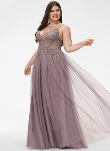 With Lace V-neck Beading Floor-Length Liliana Sequins Tulle A-Line Prom Dresses