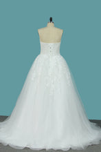 Load image into Gallery viewer, 2024 Sweetheart Organza A Line Wedding Dresses With Applique And Beads Sweep Train