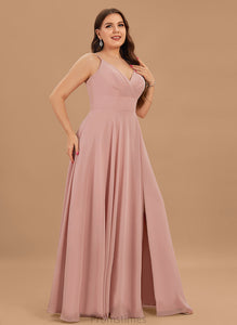 V-neck Ruffle Chiffon Prom Dresses A-Line Amber Floor-Length With