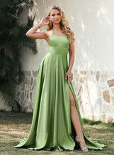 Load image into Gallery viewer, Train Front Summer Sweep Prom Dresses Satin Split A-Line Scoop With Neck