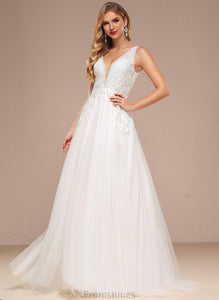 Esther Lace Tulle Sequins V-neck Dress Sweep A-Line Train Wedding With Wedding Dresses