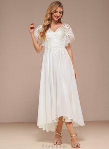 Dress Lace Ruffle A-Line Tulle Wedding Dresses Chasity With V-neck Wedding Asymmetrical