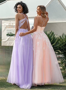 Floor-Length Ball-Gown/Princess Tulle With Square Prom Dresses Sequins Lace Caitlyn