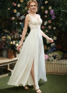 Wedding Split With Front V-neck Chiffon Sequins Lace Estrella Dress Floor-Length Wedding Dresses A-Line