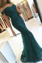 Load image into Gallery viewer, 2024 Off The Shoulder Prom Dresses Mermaid Tulle With Applique And Beadings Covered Button