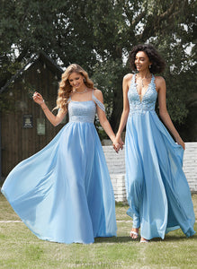 With A-Line Lace Floor-Length Chiffon Lydia V-neck Prom Dresses