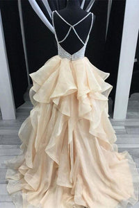 Newest Spaghetti Straps Ball Gown Beading Champagne Princess Prom Dresses Quinceanera Dresses