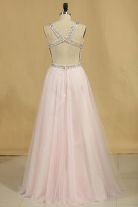 2024 New Arrival Beaded Bodice Open Back V Neck Prom Dresses A Line Tulle