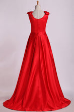 Load image into Gallery viewer, 2024 Evening Dress V-Neck Bubble Shoulder A-Line Satin Floor-Length