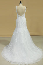 Load image into Gallery viewer, 2024 Tulle V-Neck Column Wedding Dresses With Applique And Beading