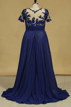 Load image into Gallery viewer, 2024 Prom Dresses A Line Short Sleeves Scoop Chiffon With Beads And Applique
