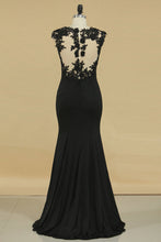 Load image into Gallery viewer, 2024 Mermaid Scoop With Applique Spandex Floor Length Black Prom Dresses