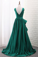 Load image into Gallery viewer, 2024 V Neck A Line Satin Prom Dresses With Slit Sweep Train