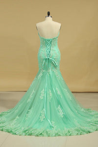 2024 Evening Dresses Mermaid Sweetheart With Applique And Beads Sweep Train