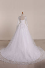 Load image into Gallery viewer, 2024 Long Sleeves Scoop Wedding Dresses A Line With Applique And Beads Tulle