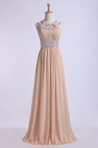 2024 Prom Dresses Scoop A Line Floor-Length Open Back Chiffon With Beading