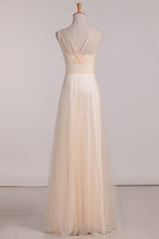 Load image into Gallery viewer, 2024 Tulle V Neck Bridesmaid Dresses A Line With Ruffles Floor Length